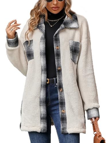 FEOYA Sherpa Jacket Women Fleece Shacket Plaid Long Button Down Coats Teddy Oversized Lapel Color Block Outerwear Pocket