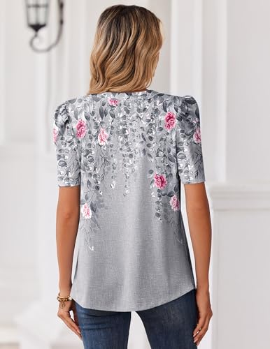 Image of Zeagoo Women Blouses Puff Short Sleeve Tops V Neck Dressy Casual Spring Shirts Boho Floral Cute Clothes 2026