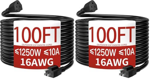Image of 16 /3 10A 125V 1250W 100 Ft Outdoor Extension Cord Waterproof, Weatherproof & Flame Retardant Black 3 Prong Power Cord Outside for Lawn & Garden, SJTW ETL Listed (Pack of 2)