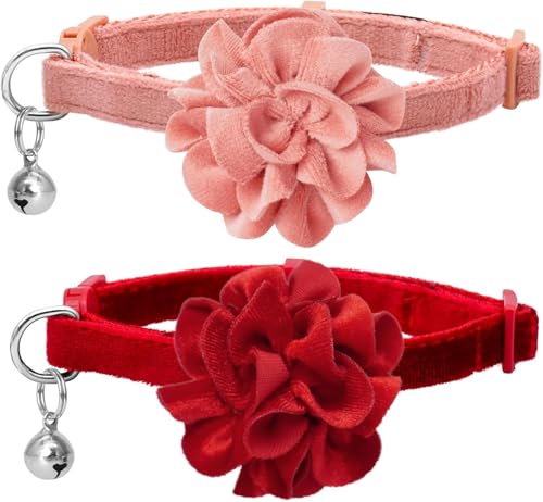azuza 2個セット 猫用フラワーカラー ベルと取り外し可能な花の蝶ネクタイ付き ブレイクアウェイ調整可能 ベルベット生地 ペット用バレンタインギフトと日常装飾用 ワインレッド&ローズピンク