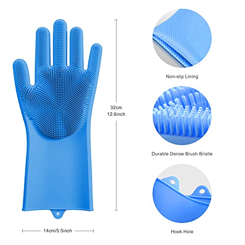 Dish Washing Gloves With Scrubber, Silicone Cleaning Sponge Gloves, Kitchen Gloves, Heat-Proof Rubber Gloves For Housework, Bathroom, Washing Dishes, Kitchen, Car Washing, Pet Bathing - Blue, 1Pair #TOP1