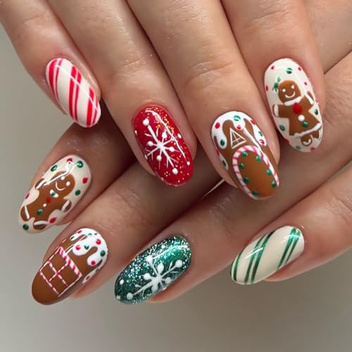 Christmas Press on Nails Short Oval Fake Nail Gingerbread Man Snowflake Candy Designs Xmas False Nails Glossy Full Cover Artificial Stick on Nail for Women Winter 24 Pcs