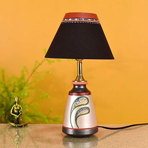 Image of AAKRITI ART CREATIONS Terracotta Table Lamp for Study Room, Bedroom & Living Room Decoration | Floral Floral Pottery Art Bedside Lamp with Cotton Fabric Shade | Aesthetic Night Lamp