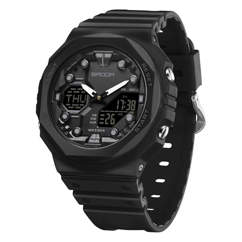 findtime Digitale Damen- Sportuhr, 5 ATM, wasserdichte Uhren für Damen, analoge Armbanduhr mit LED- Hintergrundbeleuchtung, 12/ 24- Stunden- Kalender, Schwarz