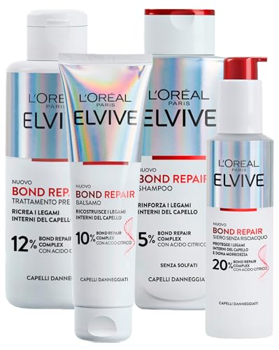 L'Oréal Paris Elvive Bond Repair Acondicionador Cabello Dañado 150ml + Sérum Sin Aclarado Reduce Mechas Dobles 150ml + Tratamiento Pre-Champú con Ácido Cítrico 200ml + Champú Sin Sulfatos 200ml
