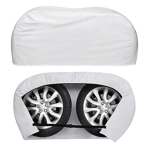 RV Tire Covers for 30~32in Dia Double Wheels - 2 Pcs Dual-Axle Wheel Anti-UV Covers for RV/Truck/Trailers/Campers, Summer Sun Protection Waterproof Wear-Resistant Thick Vinyl Plush Lining (White)