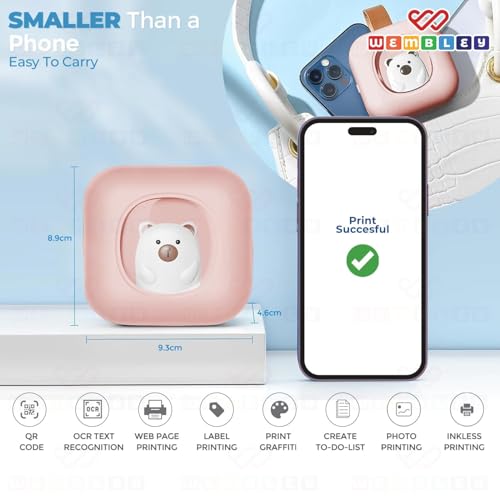 Image of Wembley Mini Bear Themed Thermal Printer| Portable, Wireless & Rechargeable| Safe & Ink-Free Color Printer for Kids Age 5+| Print Anytime, Anywhere (Pink)