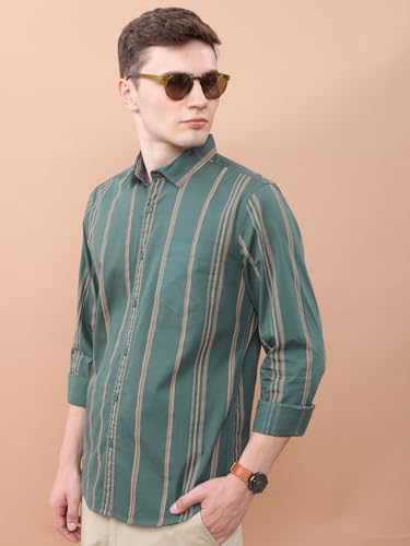 Image of Highlander Men's Slim Fit Striped Shirt | Full Sleeves | Everyday Wear Stylish Shirt for Men Green