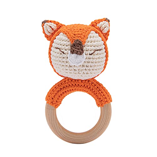 Image of Wooden Baby Rattle Crochet Fox Baby Toys Handmade Newborn Toy Early Development Grips Stuffed Animal Organic Rattle
