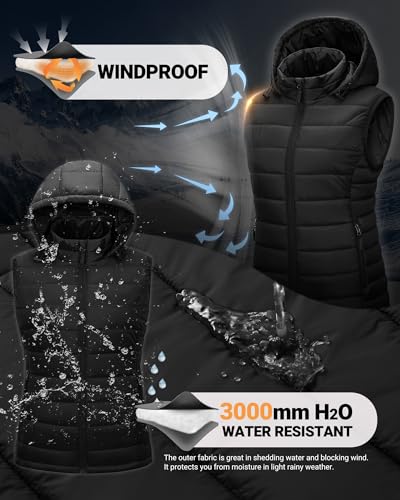 Outdoor Ventures Damen Steppweste mit Kapuze Packbare Übergangswesten Gefütterte Hybrid Sportweste Frau Warme Fahrradweste mit Stehkragen für Wandern Camping Schwarz M