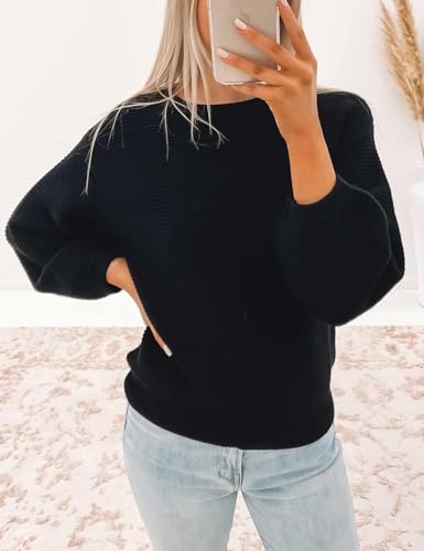 Image of ZESICA Women's Crew Neck Long Lantern Sleeve Fall 2026 Casual Loose Ribbed Knit Solid Soft Pullover Sweater Tops