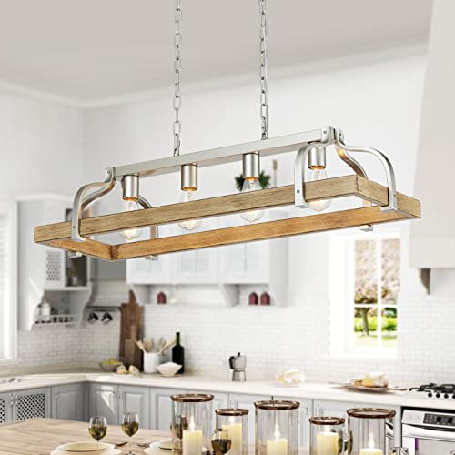 WUZUPS 4-light metal pot hanging rack lampadario imitazione luce legno venatura lineare sospensione plafoniera rustico casa colonica cucina isola sala da pranzo, h25 x l88 x w30, E27 base, nichel