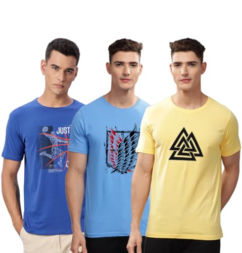 Image of ADRO 100% Cotton Lycra Tshirts for Men Combo Pack of 3 | Regular Fit | Printed T Shirt | Round Neck Half Sleeve| Mens Tshirts