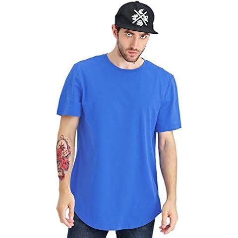 Bertte Mens Hipster Hip Hop Basic Longline Curved Hem Crewneck Short Sleeve T-shirt, Solid Color Royal, XX-Large Cover