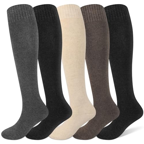 Justay 5 Pairs Winter Knee High Socks Warm Tall Boot, Soft Knit Thermal Cotton Long Socks for Women Gifts