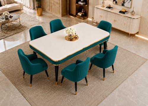 Image of WOODEN SPACE 6-Seater Wooden Dining Table Set | Nano Composite Marble Top | Solid Wood Base | Modern Dining Room Furniture with 6 Chairs (Sea Blue Modern Zyro)