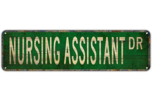 Letreros de metal de metal con texto en inglés 'Asistente de enfermería' con texto en inglés 'NURSING ASSISTANT DR', estilo vintage, divertidos letreros de metal retro para oficina, cocina, jardín