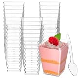 50 Pack 5 oz Square Dessert Cups with Spoons - Mini Parfait Cups, Appetizer Cups, Clear Plastic Party Dessert Cups for Serving Fruit Trifle Mousse and Pudding