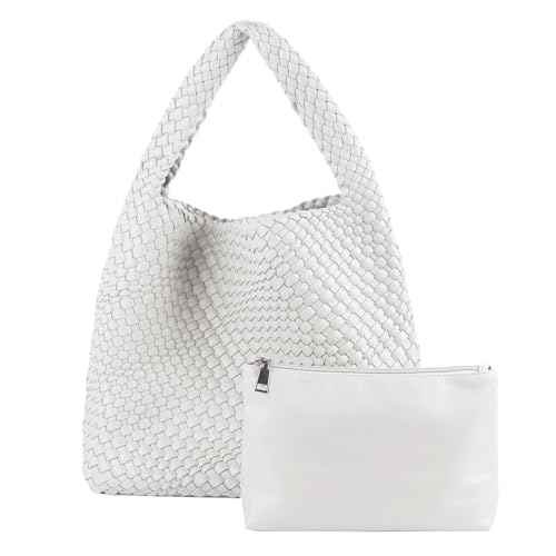 Image of Woven Tote Bag For Women, Large Vegan Leather Travel Handbag, Casual Work Shoulder Bag, Underarm Commuter Hobo Bag With Purse