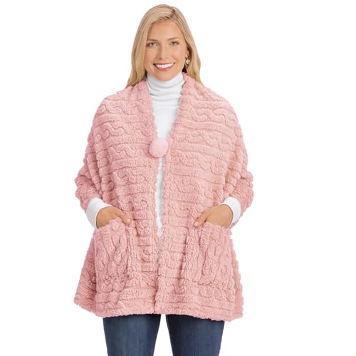 Collections Etc Cozy Textured Wrap with Pompom Clasp and Pockets