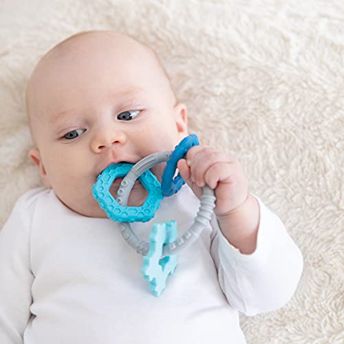 Image of Bumkins Baby Teething Freezer Toy Keys Rings, Soft Flexible Pacifier to Chew, Cool Teether Gum Relief, Babies 3 Months, Freezable Platinum Silicone, Sensory Bracelet with Charms, Blue and Gray
