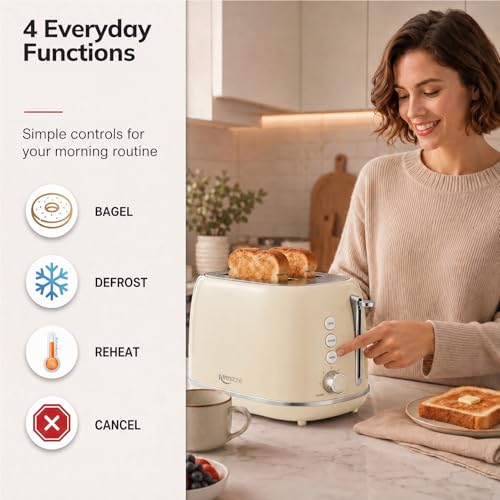 Image of Toasters 2 Slice Retro Stainless Steel Toasters with Bagel, Cancel, Defrost Function and 6 Bread Shade Settings Bagel Toaster, Beige
