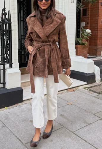 chouyatou Women Faux Suede Leather Trench Coat Double Breasted Midi Long Pea Coat Overacoat with Belt4