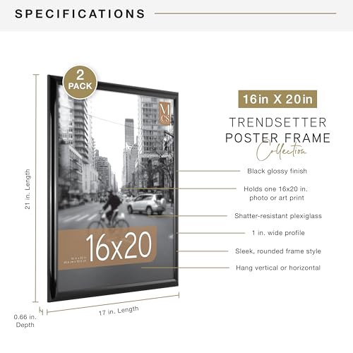 MCS Trendsetter 16x20 Poster Frame Black High-Gloss, Vertical & Horizontal Wall Hanging Large Picture Frame for Photos, Posters & Art Prints (2-Pack)