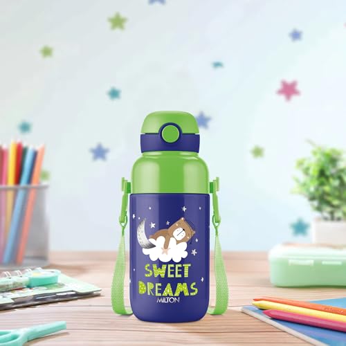 Image of Milton Steel Indus 400 Thermoware PU Insulated, 390 ml Water Bottle with Straw for Kids, Leak Proof Flip Top Sipper Lid Bottle, School, Picnic, Easy to Carry Belt, Dark Blue