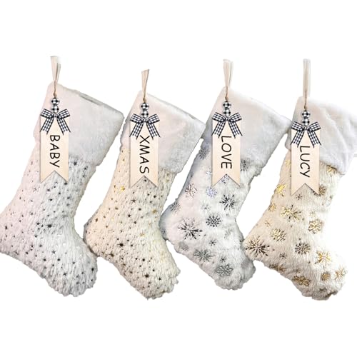 UIYIHIF 4 Pack Christmas Stockings with DIY Tags 18 Inch White Faux Fur Xmas Stockings with Golden Silver Sequin Snowflakes and Soft Glitter Snowflake Hanging Stocking for Christmas Holida
