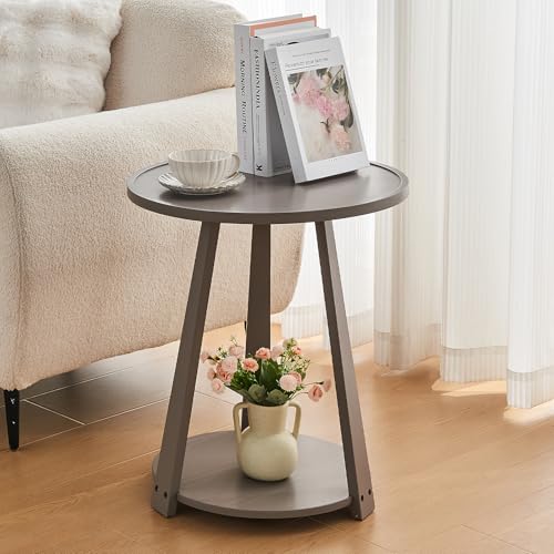 Image of Uniclinens Wood Round End Table - Small Round Side Table with Lower Shelf for Living Room Sofa Couch, Bedroom Wooden Nightstand, Gray