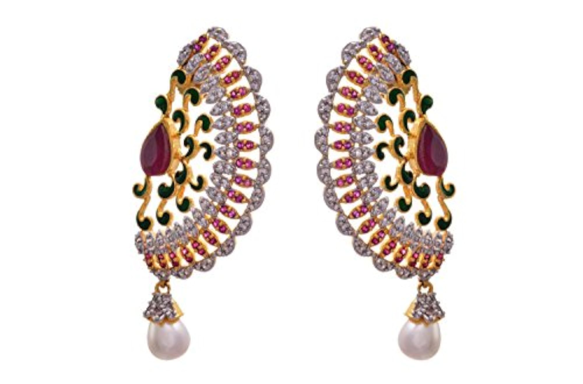 Women's Dazzling Peacock Designer Green CZ Diamond & Pearl Dangler Earrings