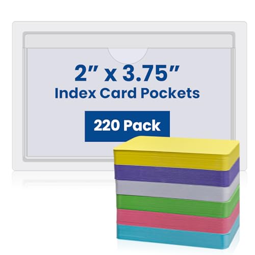 LECEHIVO 220 Pcs Self Adhesive Index Card Pockets with Top Open Multicolor Cards Clear Plastic Labels Holders for School Office Organizing Labeling Index Cards Photos(3.75 x 2 Inch)