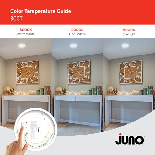 Image of Juno Slim Basics 4 Inch LED Ceiling Light, Low Profile Surface Mount Downlight for Shower or Closet Lighting, 3000K /4000K /5000K Selectable White Light, Edged Trim, Wet Rated, Matte White, 6 Pack