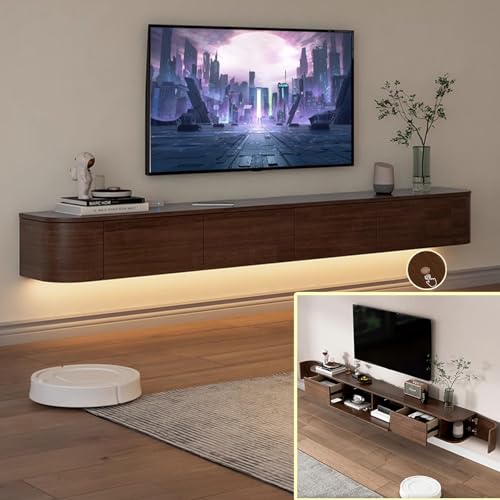 XDXINY Console multimédia TV flottante - Meuble TV mural - Grand banc de rangement sous TV - Meuble bas avec tiroirs et support de routeur (marron B + LED,...