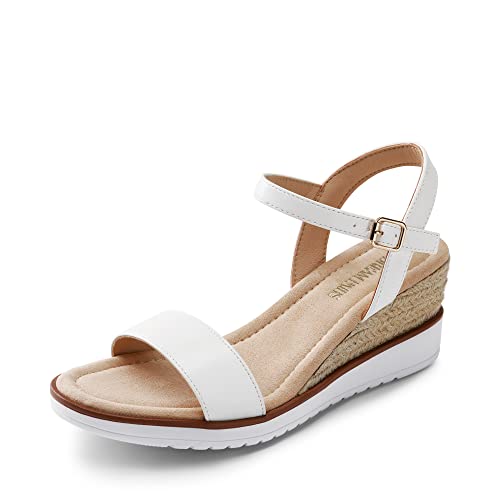 DREAM PAIRS Sandalia de Vestir Cómodo para Mujer con Tacón Cuña Zapatos de Tacón Clásicos de Punta Redonda con Hebillas y Tiras Verano Blanco SDPW2342W-E Talla 41 (EUR)