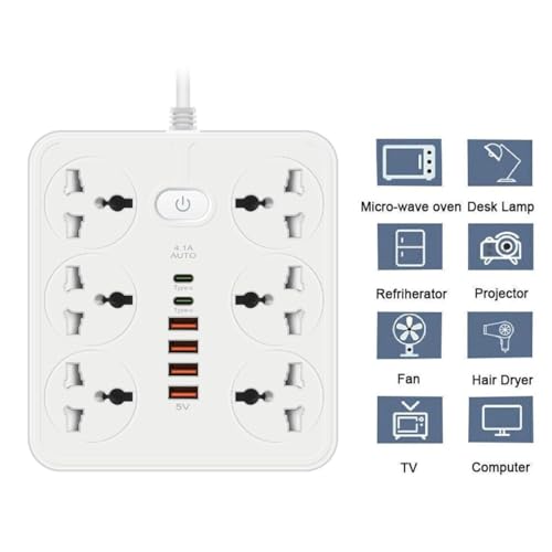 Image of Extension Board, Power Strip with 6 USB Ports and 3 Universal Socket, 2500W 10A Extension Cord, 3-Pin Surge Protector Power Strip for Home, Office, Computer, Mobile Charging (White-Z67)