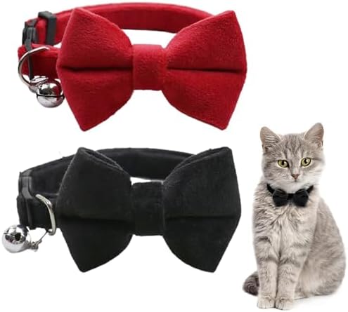 RTRTGS Pack of 2 Velvet Cat Collar with Bell and Bow Tie Adjustable for Small Puppies Safety Bow Tie Plain for Weddings Basic Colour Cat Bow Tie