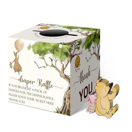 cidobi 51Pcs Winnie Baby Shower Party Decor, Diaper Raffle Box with 50 Writing Cards, the Pooh Diaper Raffle Tickets Set for Baby Shower, Party Favors Decorations Supplies