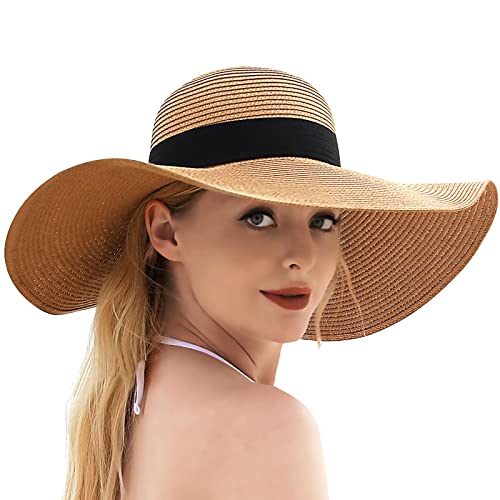 Image of Beach Sun Straw Hats for Women, UPF 50+ UV Sun Protection Wide Brim Summer Straw Hat Foldable Packable Roll up Cap