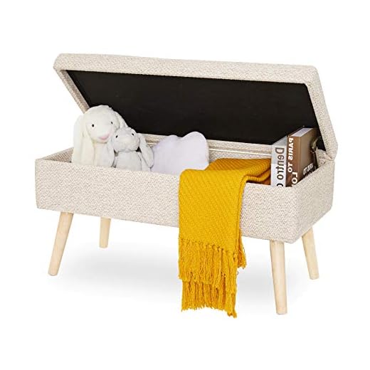 Banco Almacenaje con Tapa Baúl con Caja de Almacenamiento Silla Ottoman Puff Taburete Banco Acolchado con Patas de Madera Maciza Zapatero con Asiento de Lino para Dormitorio Cama Sala Corredor (Beige)