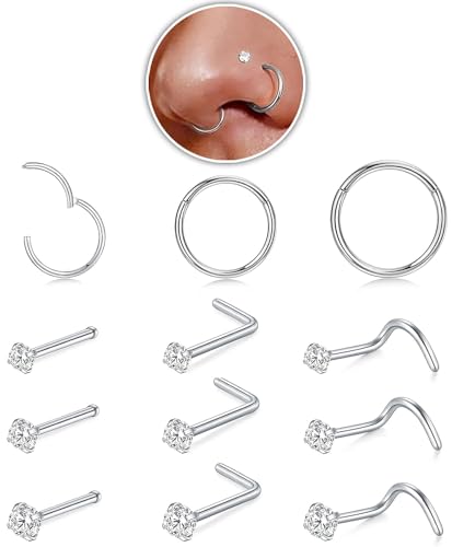 18g Silver Nose Rings Hoop and 20g Nose Studs Sets for Women Men,Hypoallergenic 316L Surgical Stainless Steel L Shape/Corkscrew/Straight Nose Studs Nose Screw Bone 1.5/2/3mm CZ Piercings Jewelry 12Pcs