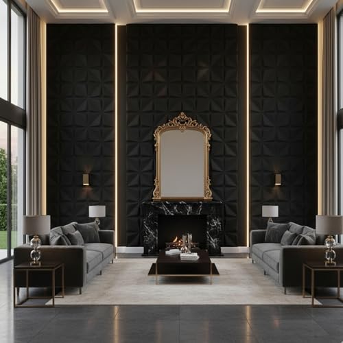 Image of Kayra Decor Wall Panels for Bedroom PVC Bloom Design Black Color 19.7 inch x 19.7 inch (Pack of 40) - Covers 107.80 Sq. Ft.