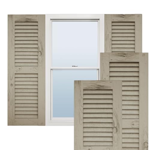 Ekena Millwork 18"W x 46"H Rustic Two Equal Louver Knotty Pine Faux Wood Shutters (Per Pair), Primed Tan