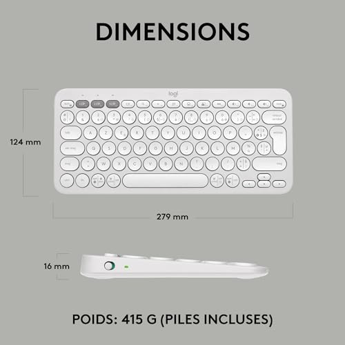 Logitech Pebble Keys 2 K380s clavier sans fil Bluetooth multidispositif, raccourcis personnalisables, fin et portable, Easy-Switch pour Windows, macOS, iPadOS, Android, ChromeOS, FR AZERTY, Blanc