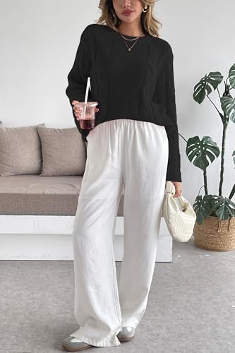 Image of Cakulo Womens Oversized Pullover Sweaters Bell Sleeve Chunky Cable Knit Sweater Crewneck Trendy Knitted Tops 2025