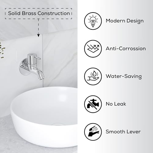 Image of GLOXY Premium Brass Bib Cocke Short Body with Chrome Finish - Short Body Wash Basin Tap Royal Lever with Wall Flange - Bib Cock Tap for Kitchen Sink, Bathrooms, Gardens - 10 Years Warranty