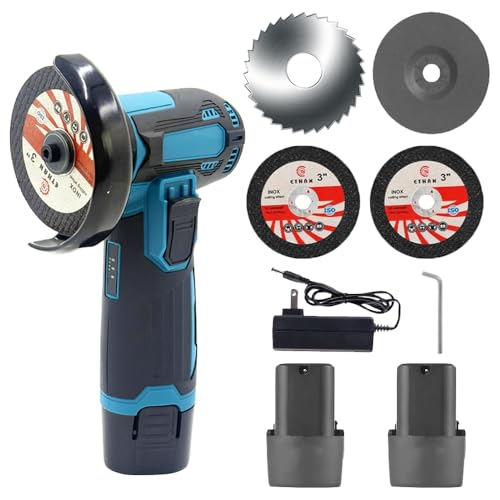 Image of Wazusogok Cordless Mini Angle Grinder Kit with 2×12V Lithium Batteries (2000mAh), 4 Saw Blades, 19500 RPM, Cut Off Tool for Metal, Wood, Tile, Home & Pro Use Handheld Electric Angle Grinders