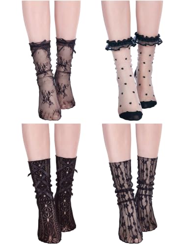 Image of Geyoga 4 Pair Women Lace Ankle Socks Sheer Mesh Slouch