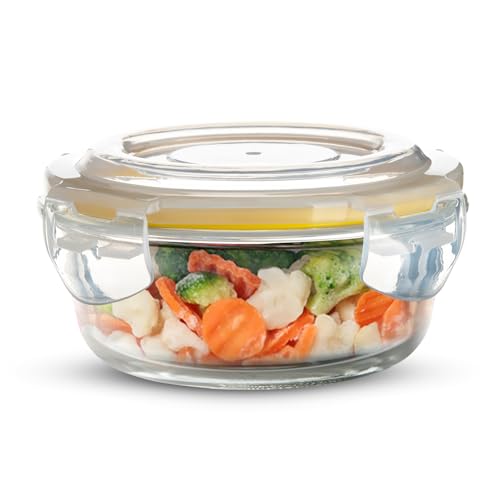 Image of BERGNER Borosilicate Glass Side Lock Round Storage Container for Kitchen with Air-Tight and Leakproof Lid, BPA Free, Microwave and Oven Safe, Removable Silicone Yellow Gasket (400 ml), Transparent